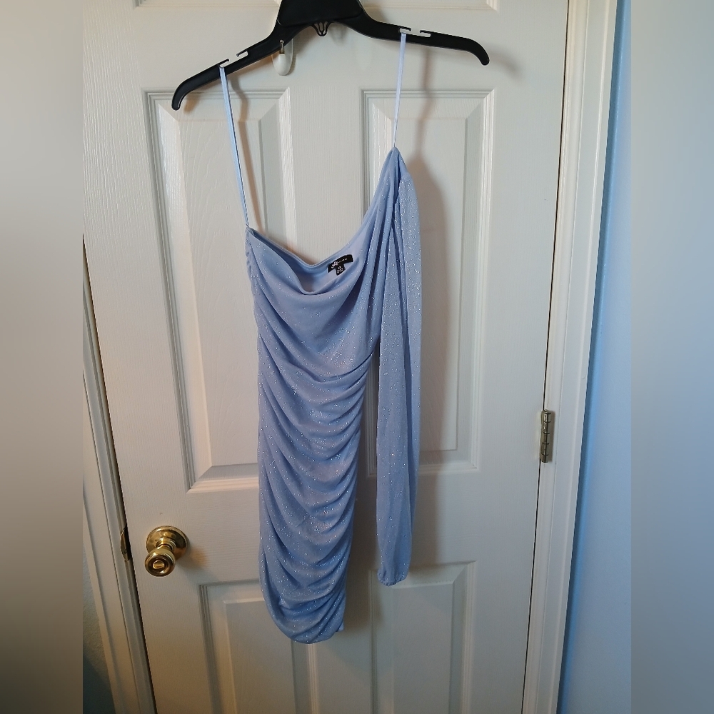 Light Blue One-Shoulder Ruched Mini Dress